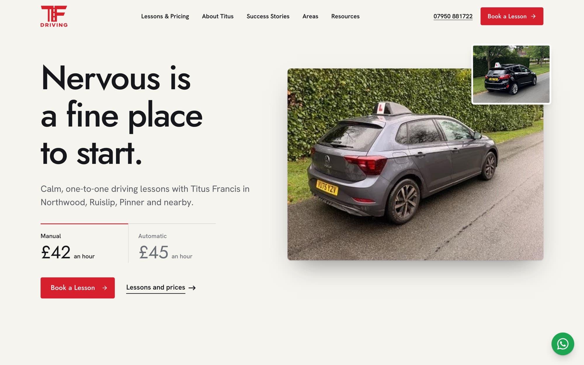 The TF Driving homepage: the headline “Nervous is a fine place to start”, manual and automatic lesson prices, and a photograph of the tuition car.